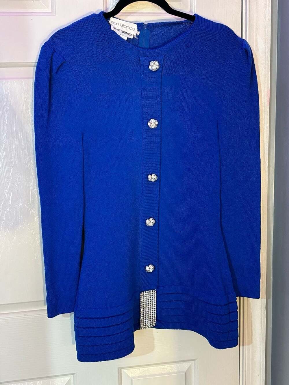 Raul Blanco Vintage Hand Loomed Blue Knit Cardigan Rhinestone 12